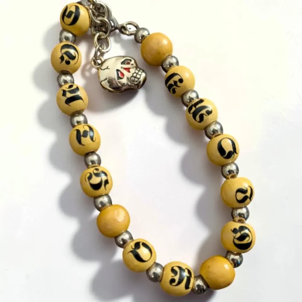 Vintage Ed Hardy Death Or Glory Skull Charm Wood Bead Bracelet Y2K Biker Punk